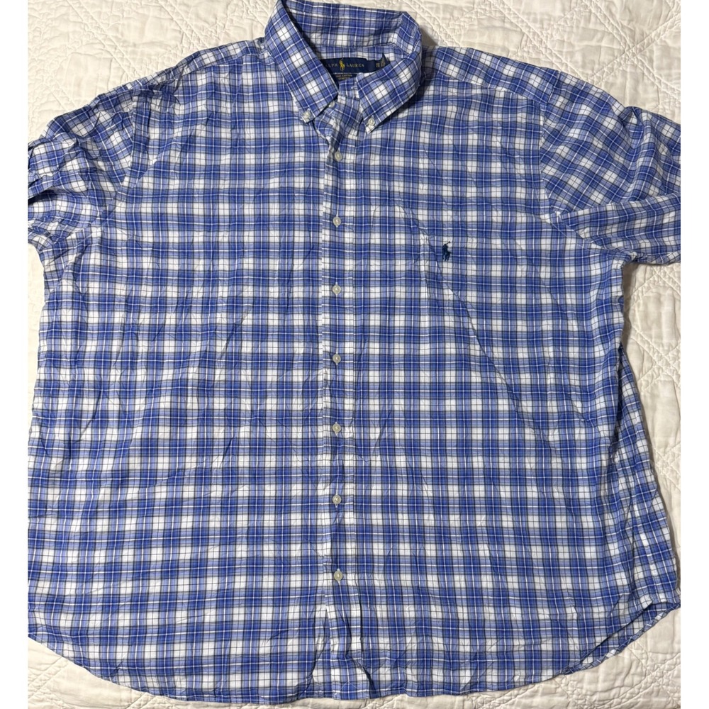 Ralph Lauren Button Down Shirt Mens 2XB Blue Plaid Short Sleeve Cotton Stretch